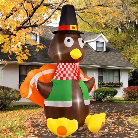 6FT Thanksgiving Inflatables Turkey Decorations with Colorful Tail, Lights - Picture 2 of 6